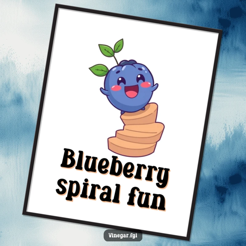 Funny digital art print of a surprised blueberry joyfully rolling down a spiral staircase, ready for immediate download and display.