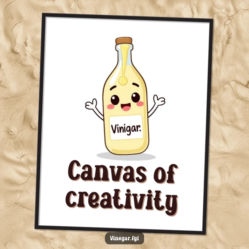 Funny digital art print of a cheerful vinegar bottle pouring itself onto a blank canvas, bringing instant creativity and humor.