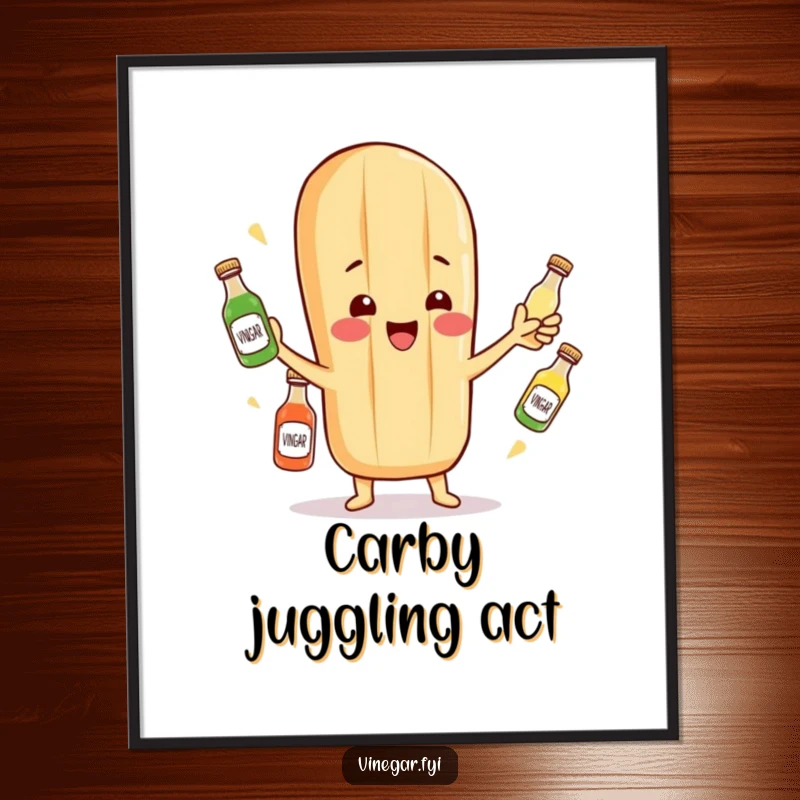 Funny digital art print of a cheerful baguette character juggling miniature vinegar bottles, showcasing fun.