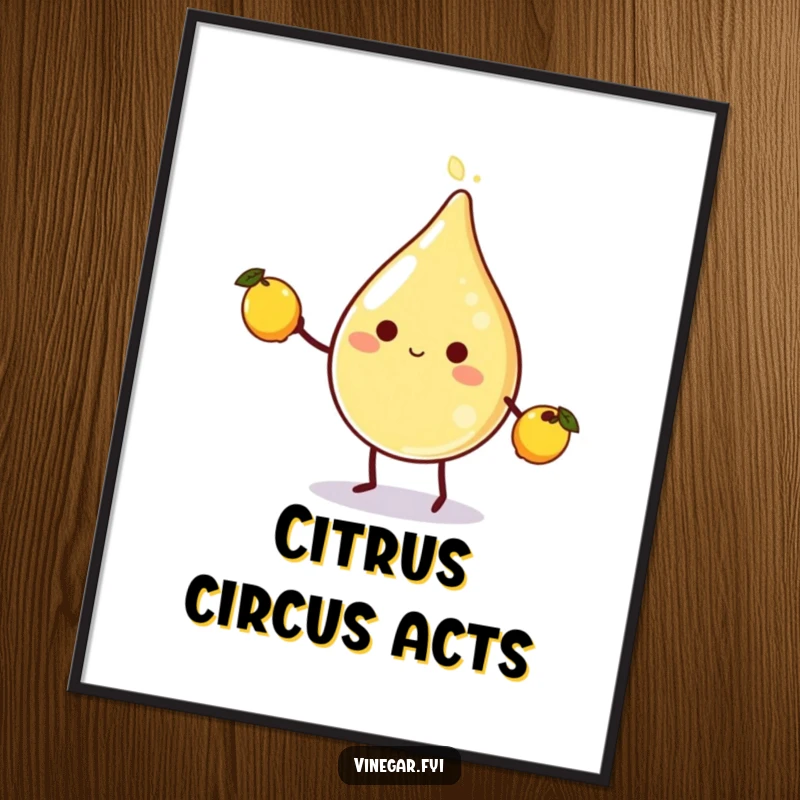 Funny vinegar droplet character happily juggling three tiny lemons, perfect for a downloadable digital art print with a humorous theme.