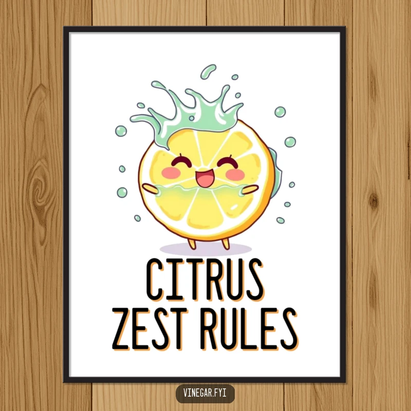 Funny happy lemon slice character playfully splashing vinegar, downloadable funny digital art print, perfect gift.