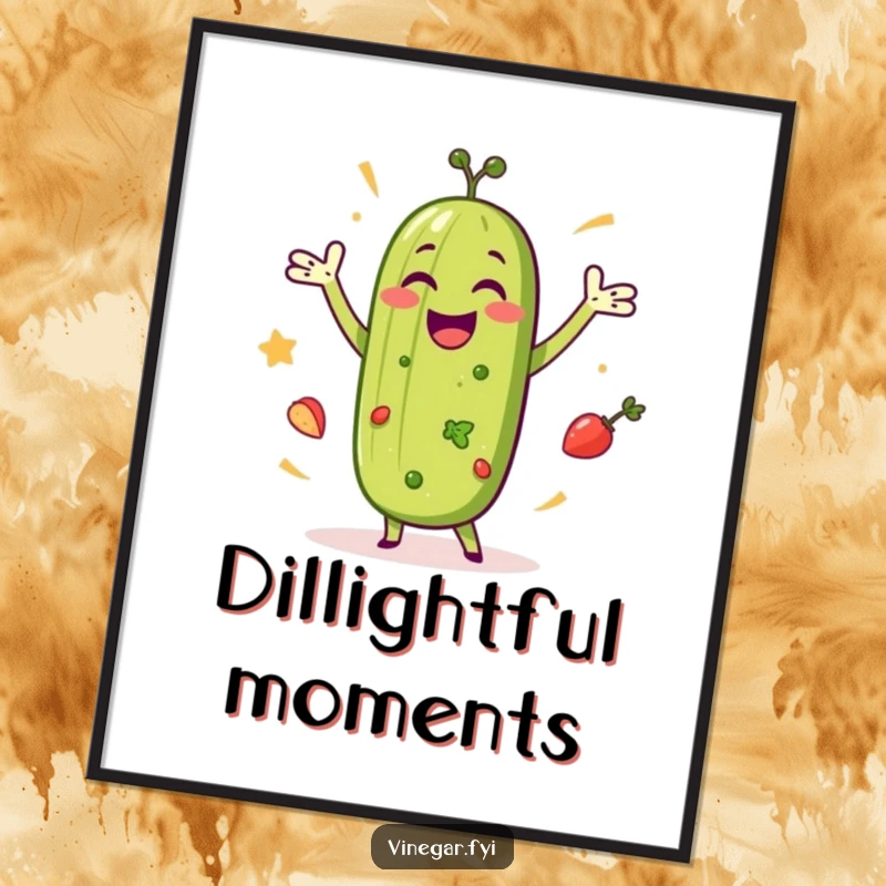 Funny digital art print of a happy pickle doing a celebratory dance with salad ingredients, ready for immediate download and display.