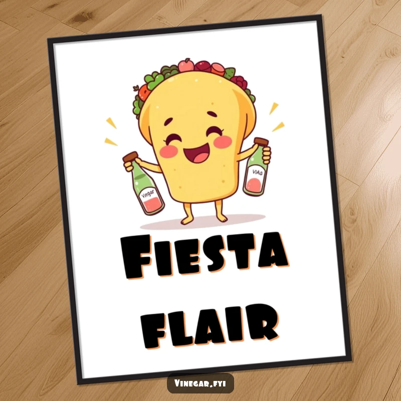 Funny digital art print of a happy taco juggling three tiny bottles of vinegar, offering a whimsical and humorous culinary display.
