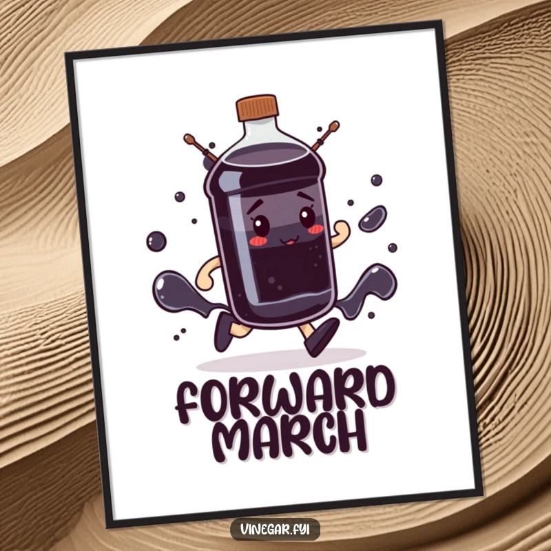 Funny determined dark liquid bottle digital art print marching with purpose, symbolizing ambition, a perfect funny gift.