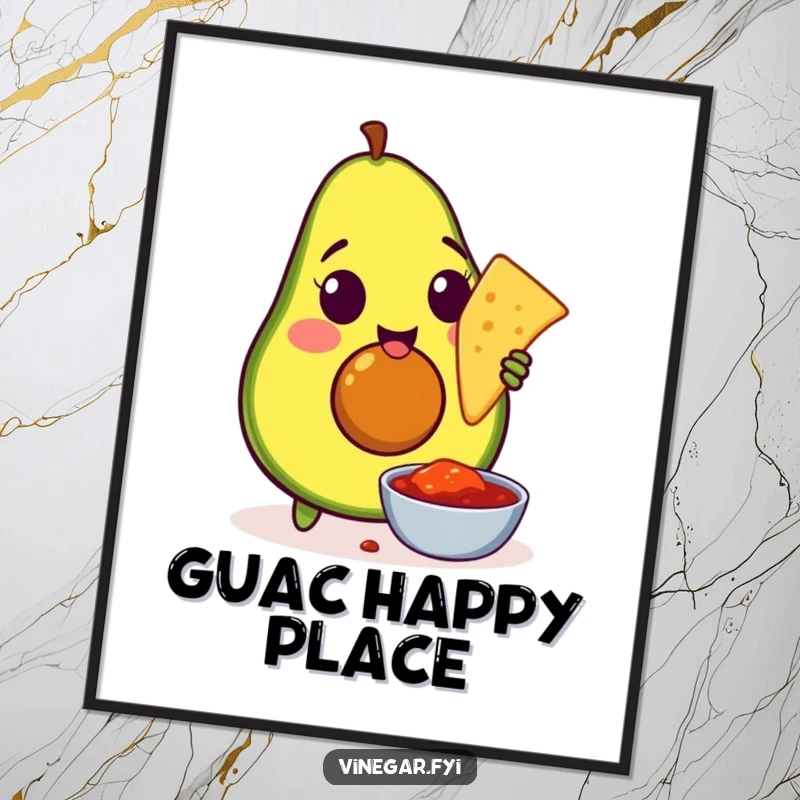 Funny digital art print of an amused avocado enthusiastically dipping a tortilla chip into salsa, ready for immediate download and display.