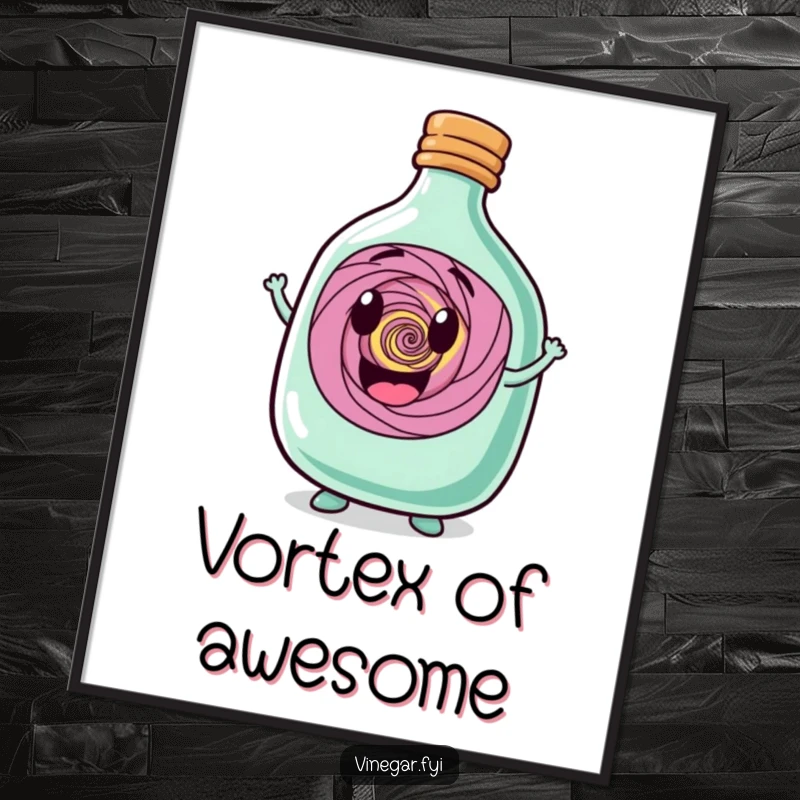 Funny, happy, squat bottle character proudly displaying a swirling vortex within, available as a high-resolution digital art print.