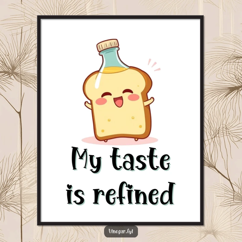 Funny digital art print of a bread slice comically recoiling from a vinegar bottle, capturing a humorous food moment.