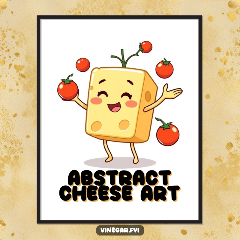 Funny digital art print of a jovial cheese cube skillfully juggling bright red cherry tomatoes, perfect for instant wall decor.