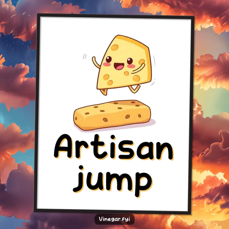 Funny cheese wedge digital art print of a cheerful wedge playing leapfrog over a cracker, adding whimsical charm.