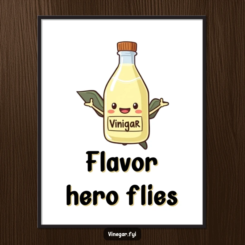 Funny Digital Art Print of a smiling vinegar bottle with a cape, flying heroically, perfect for instant download and wall decor.