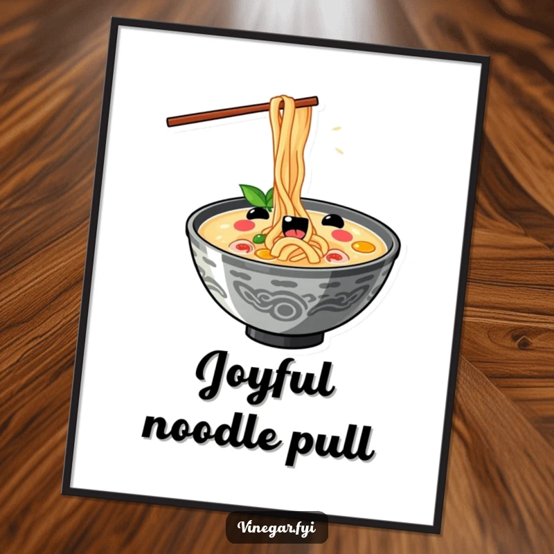 Funny kawaii ramen bowl slurping noodles with exaggerated delight, as a digital art print, perfect for ramen enthusiasts.