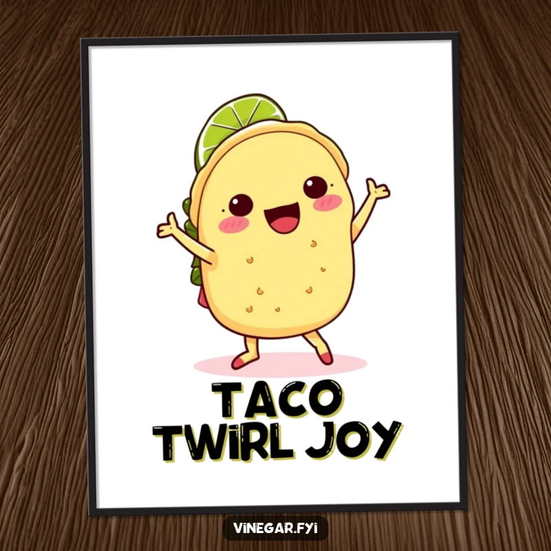 Funny kawaii taco doing a joyful jig with a lime slice hat, as a digital art print, perfect for food lovers.