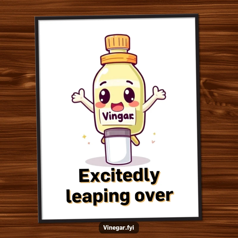 Funny Digital Art Print of a cute vinegar bottle character with excited eyes, leaping over a salt shaker, perfect for immediate download.