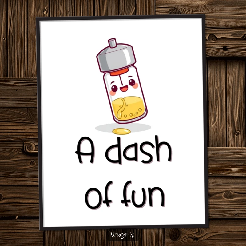 Funny digital art print: A cheerful pepper shaker tips over, pouring a tiny stream of vinegar, creating a lively and humorous visual.