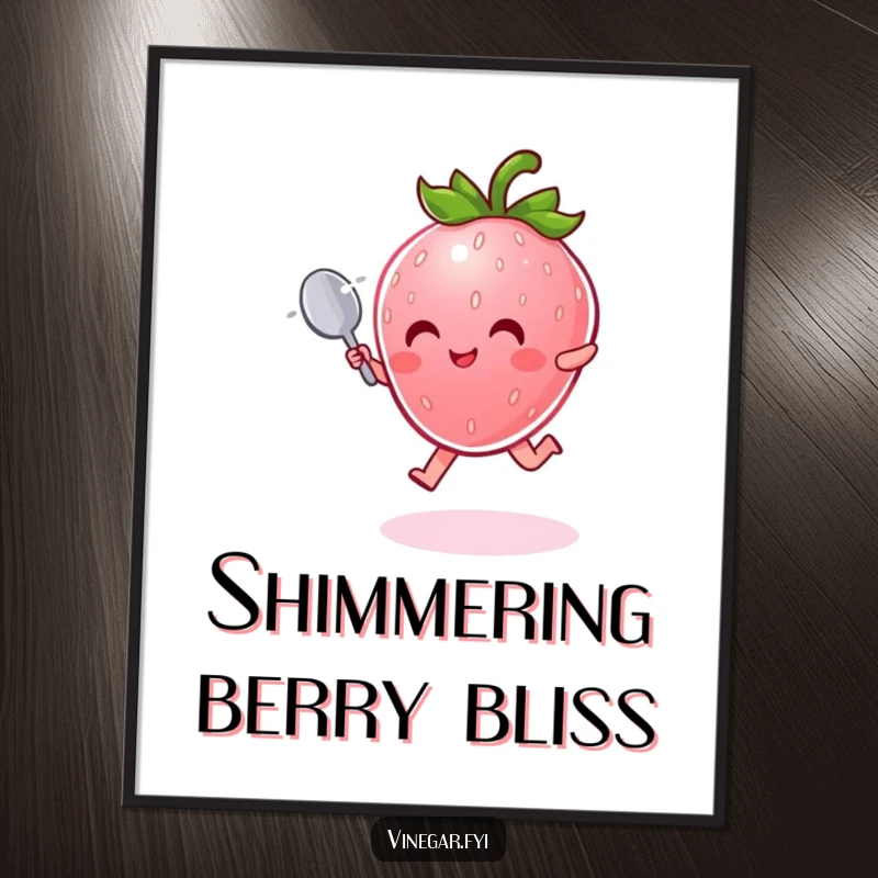 Funny Digital Art Print: Radiant pink strawberry character with a tiny spoon joyfully leaps through shimmering mist, for vibrant decor.