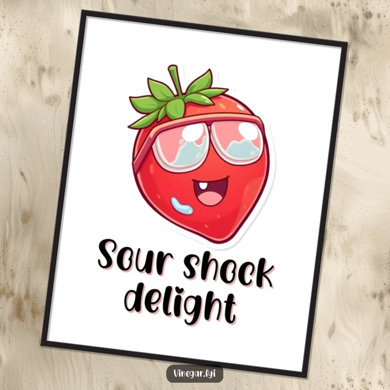 Funny digital art print of a laughing strawberry character wearing tiny vinegar goggles, looking comically surprised.
