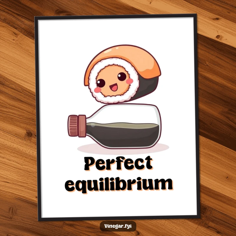 Funny digital art print: A happy, round sushi roll balances precariously on a vinegar bottle, creating a unique and humorous visual.