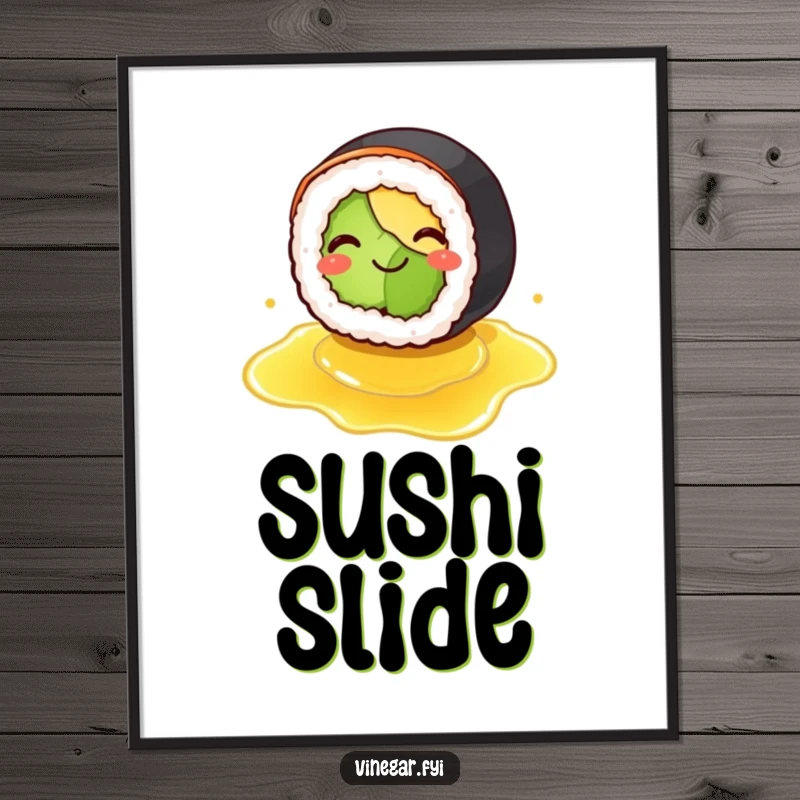 Funny digital art print of a smiling sushi roll comically slipping on spilled vinegar, offering a whimsical and humorous culinary display.