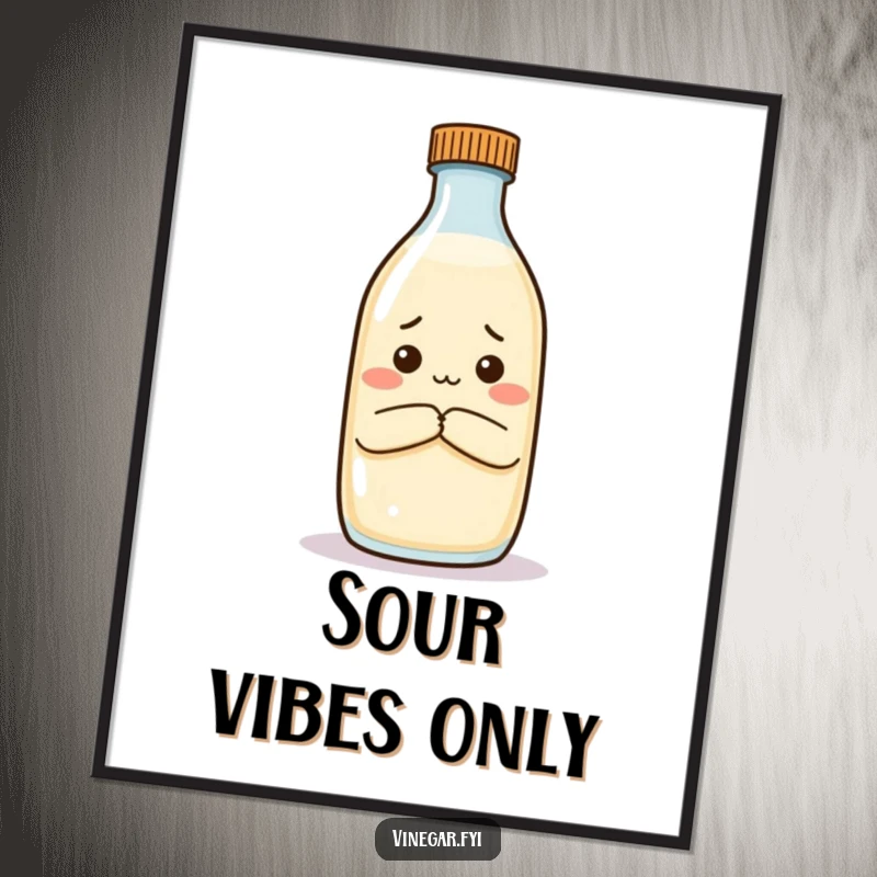 Funny digital art print of a vinegar bottle with crossed arms, looking unimpressed by milk, instantly downloadable humor.