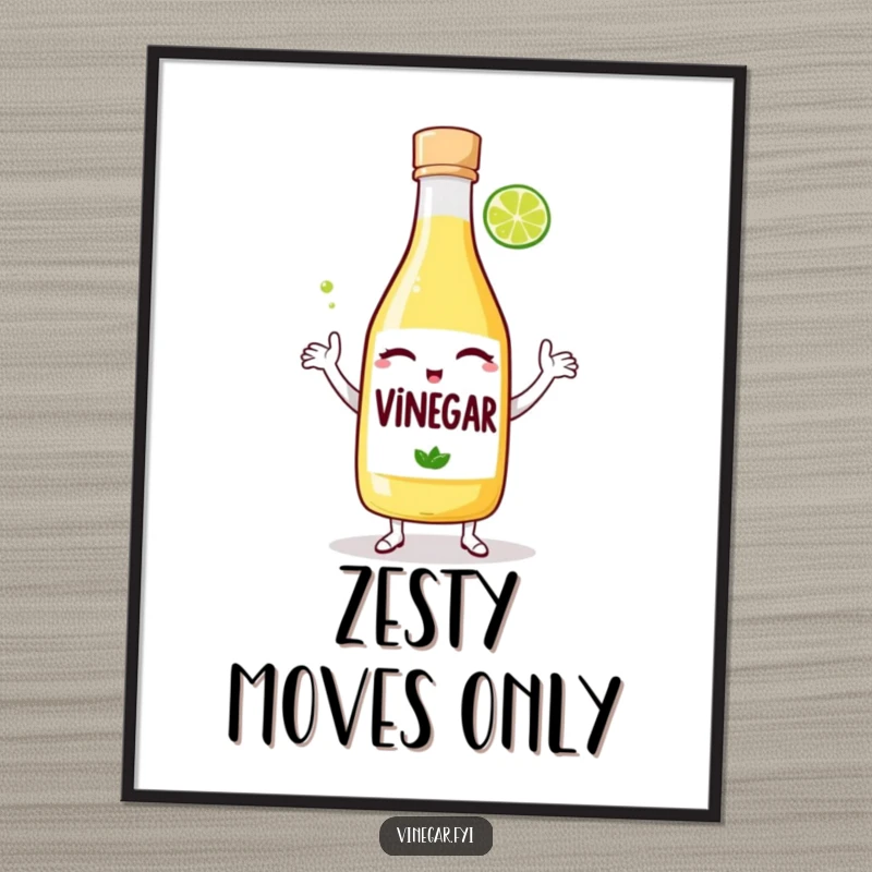 Funny digital art print: A winking bottle of vinegar and a lime wedge are captured mid-dance, creating a lively and humorous visual.