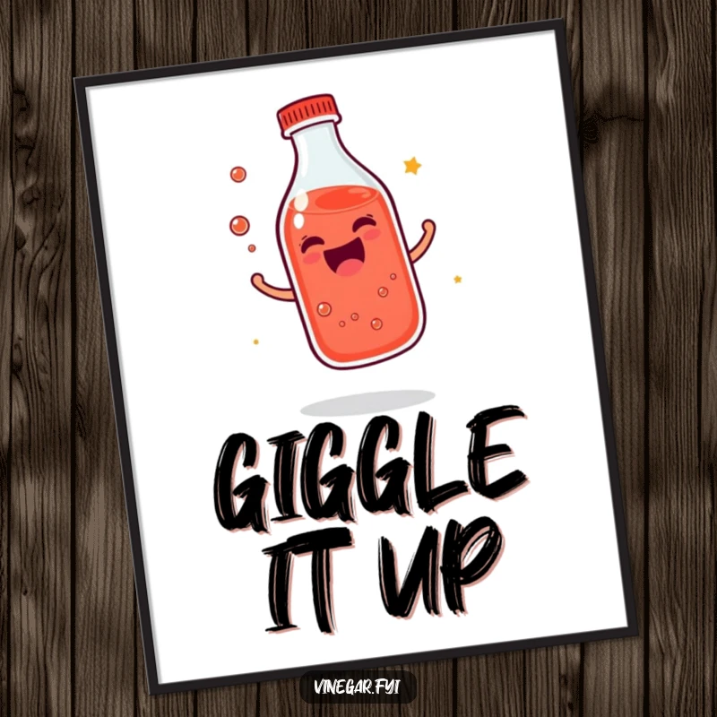 Funny giggling bottle of reddish liquid digital art print bouncing with infectious joy, symbolizing happiness, a perfect funny gift.