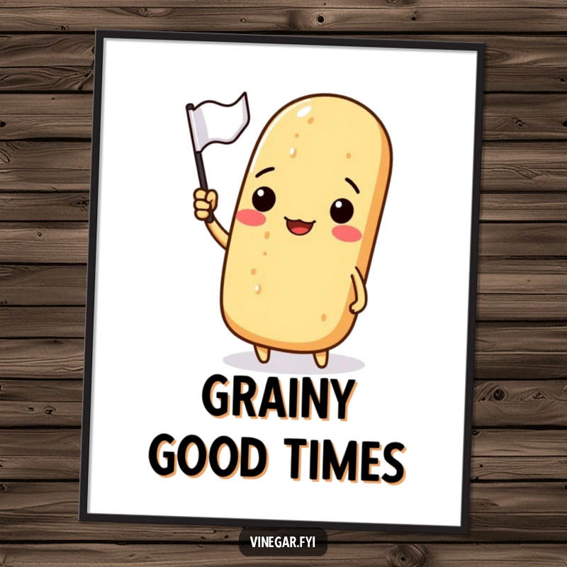 Funny digital art print of a smiling baguette waving a small flag, perfect for immediate wall decoration.