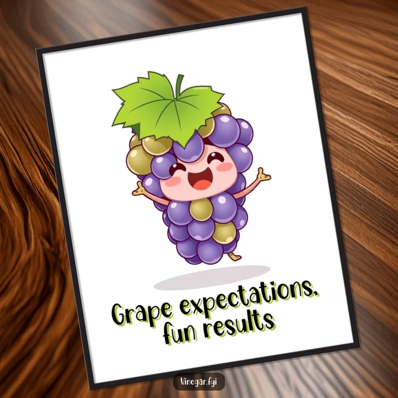 Funny grape bunch in a leaf hat, captured mid-silly dance, as a high-resolution, downloadable digital art print.