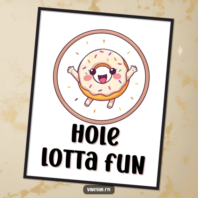 Funny digital art print of a joyful donut with sprinkles leaping through a hoop, perfect for instant wall decoration.