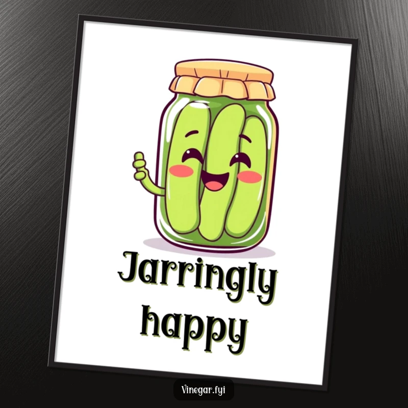 Funny digital art print of a happy Kawaii pickle jar character smiling broadly and offering a pickle, instant download, cheerful decor.