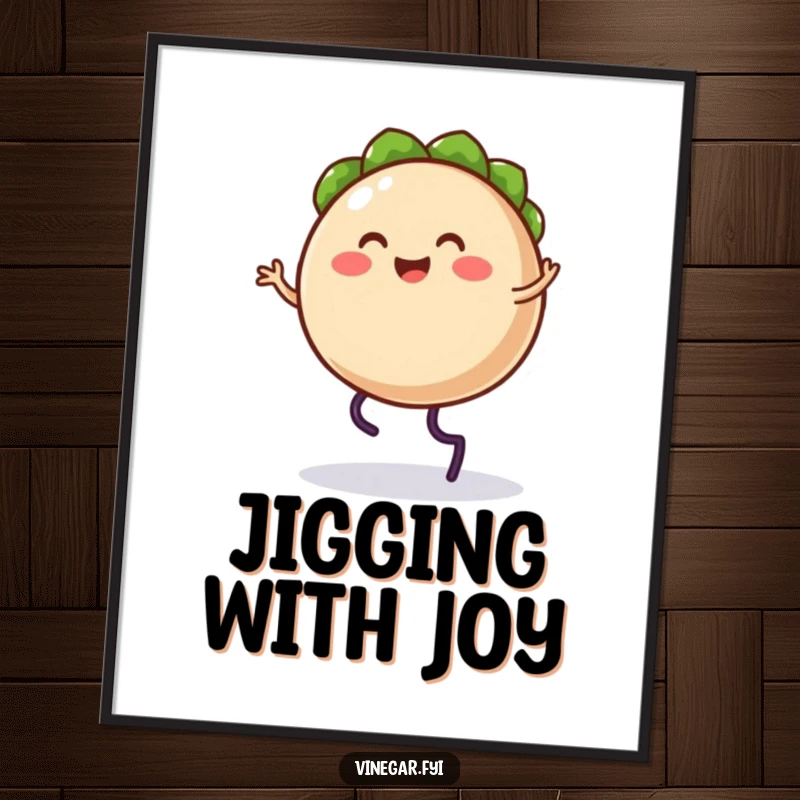 Funny digital art print of a happy taco character with legs doing a silly jig, festive and fun.