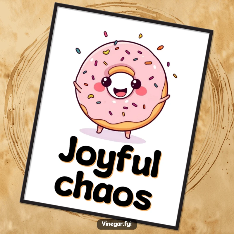Funny digital art print of a kawaii donut enthusiastically juggling sprinkles, radiating pure, sugary joy and fun.