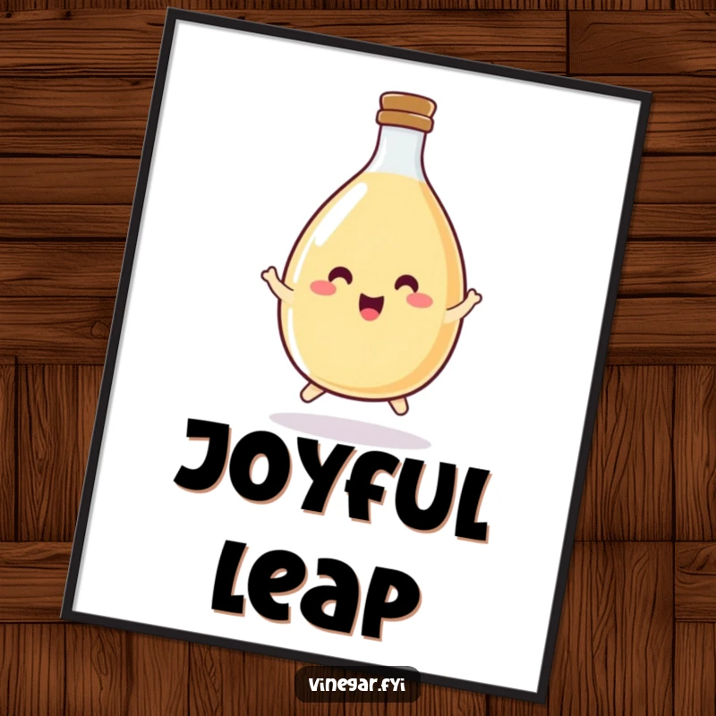 Funny, round vinegar bottle digital art print of a happy bottle joyfully doing a little hop.
