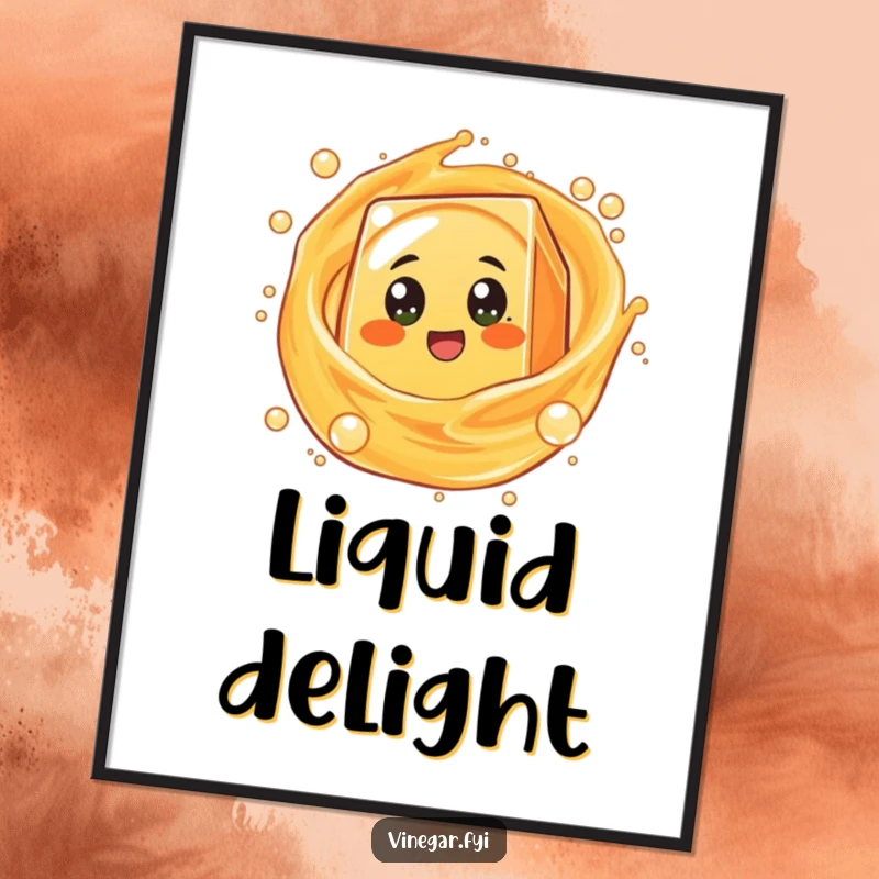 Funny round orange juice box character with excited eyes spinning in bubbly liquid, a cheerful and humorous digital art print.