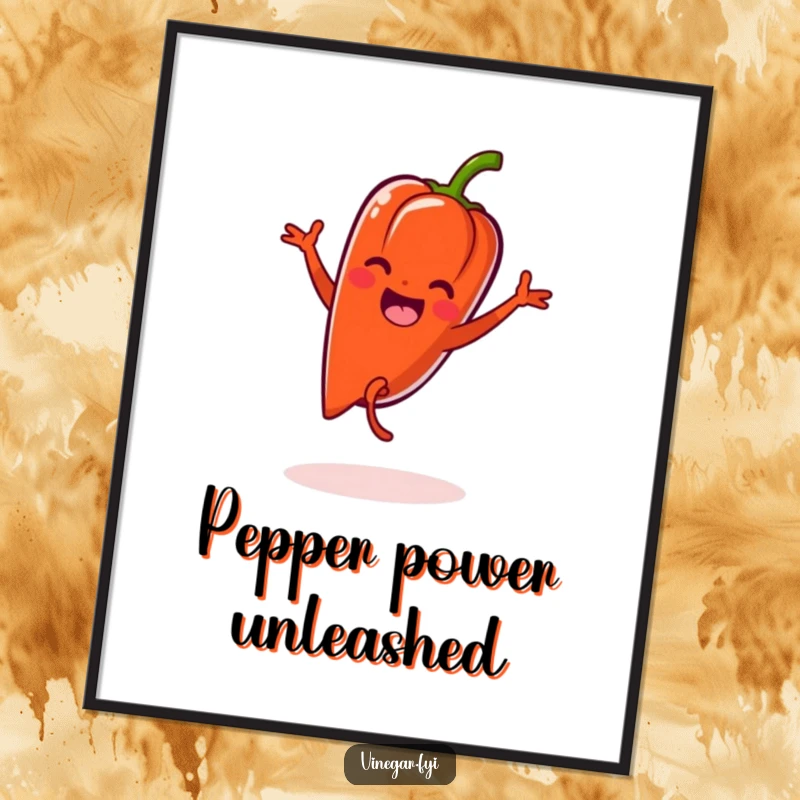 Funny Kawaii pepper doing a cartwheel with zest, as digital art for home decor.