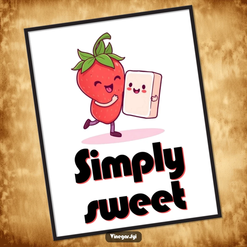 Funny digital art print of a delighted strawberry dancing with a sugar cube partner, a sweet and joyful illustration.