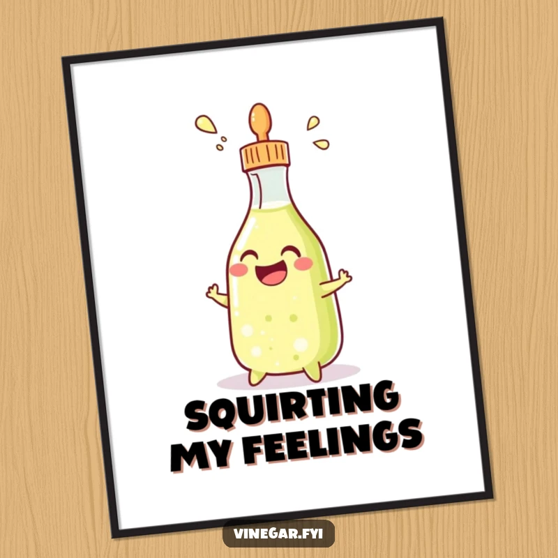 Funny, high-resolution digital art print of a grinning condiment bottle gleefully squirting a stream of vinegar.