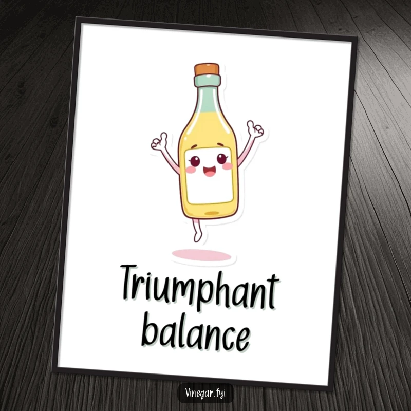 Funny Digital Art Print of a cheerful vinegar bottle character balancing on its tip with a triumphant expression, perfect for download.