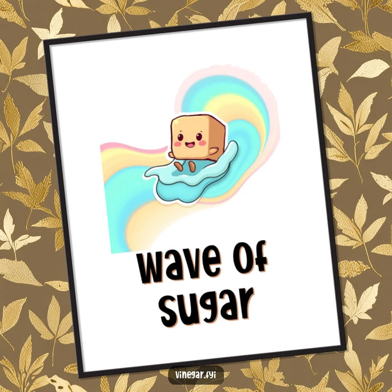 Funny smiling brown sugar cube character with tiny legs sliding down a liquid wave, a sweet and humorous digital art print.