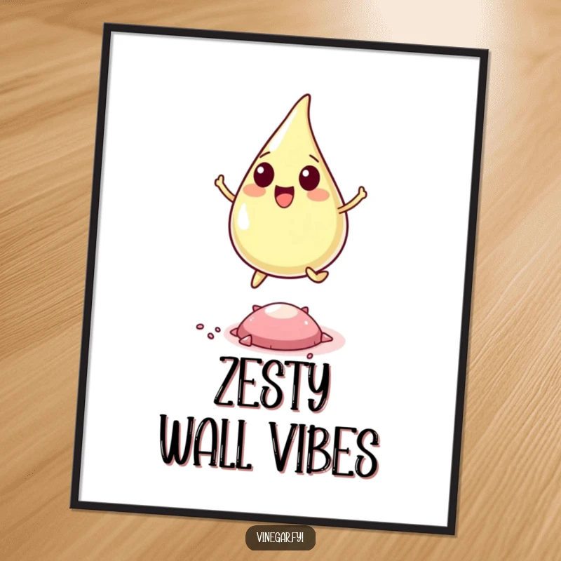 Funny digital art print of a happy vinegar drop leaping over a pepper flake, bringing instant joy and humor to decor.