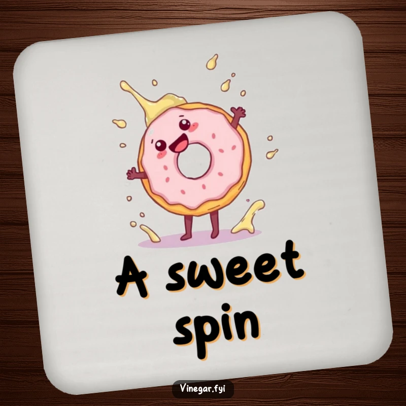Funny drink coaster depicting a cartwheeling donut near a vinegar splash, adding a humorous touch to any table.