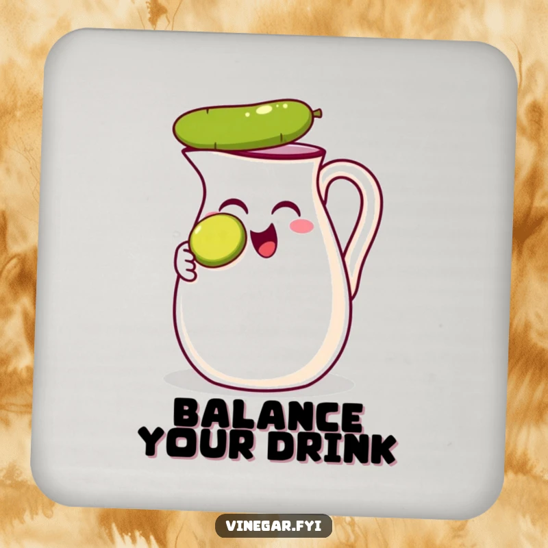 Funny coaster depicting a thrilled vinegar jug balancing a tiny pickle slice on its nose, adding playful humor to surface protection.
