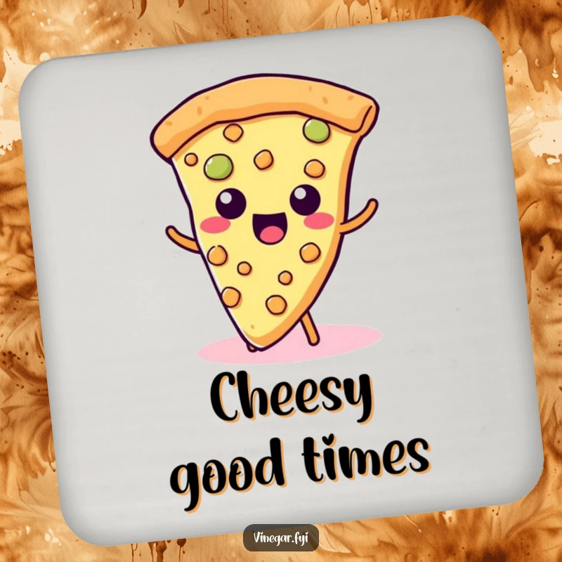 Funny Kawaii Pizza Coaster: A cute slice of pizza happily wiggles its cheesy toppings, humorously protecting your surfaces.