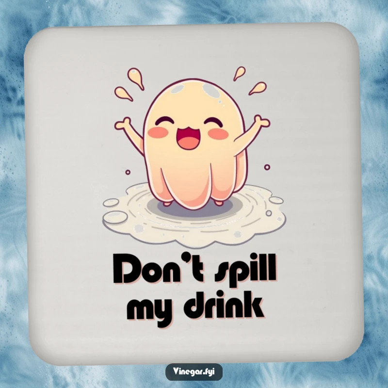 Funny Coaster: An ecstatic jelly character bounces energetically, forming tiny rivulets, offering stylish protection.