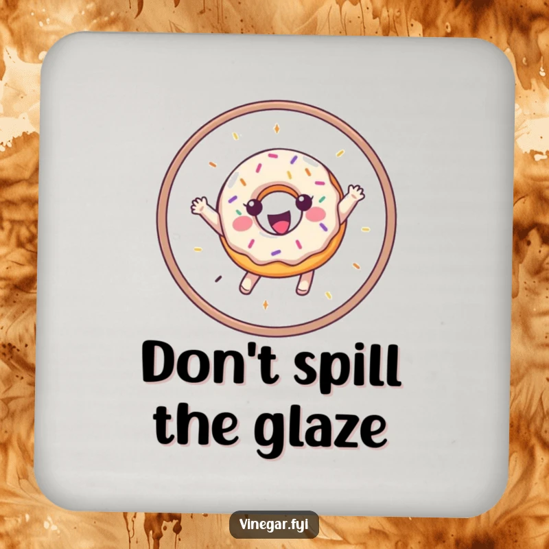 Funny drink coaster with a gleeful donut covered in sprinkles leaping through a hoop, adding humor to tables.