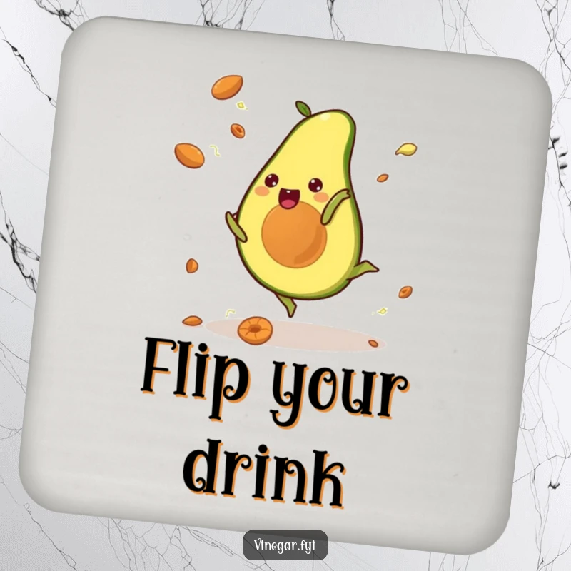 Funny coaster with a kawaii avocado doing a cartwheel, pits flying, adding a touch of energetic humor to any drink.