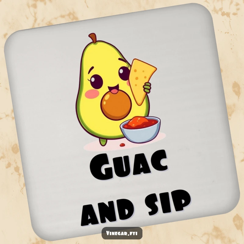Funny coaster featuring an amused avocado dipping a tortilla chip into salsa, protecting furniture with a delicious and humorous design.