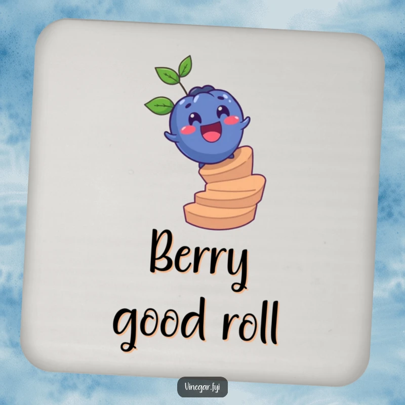 Funny coaster featuring a surprised blueberry rolling down a spiral staircase, protecting furniture with a fun and whimsical design.