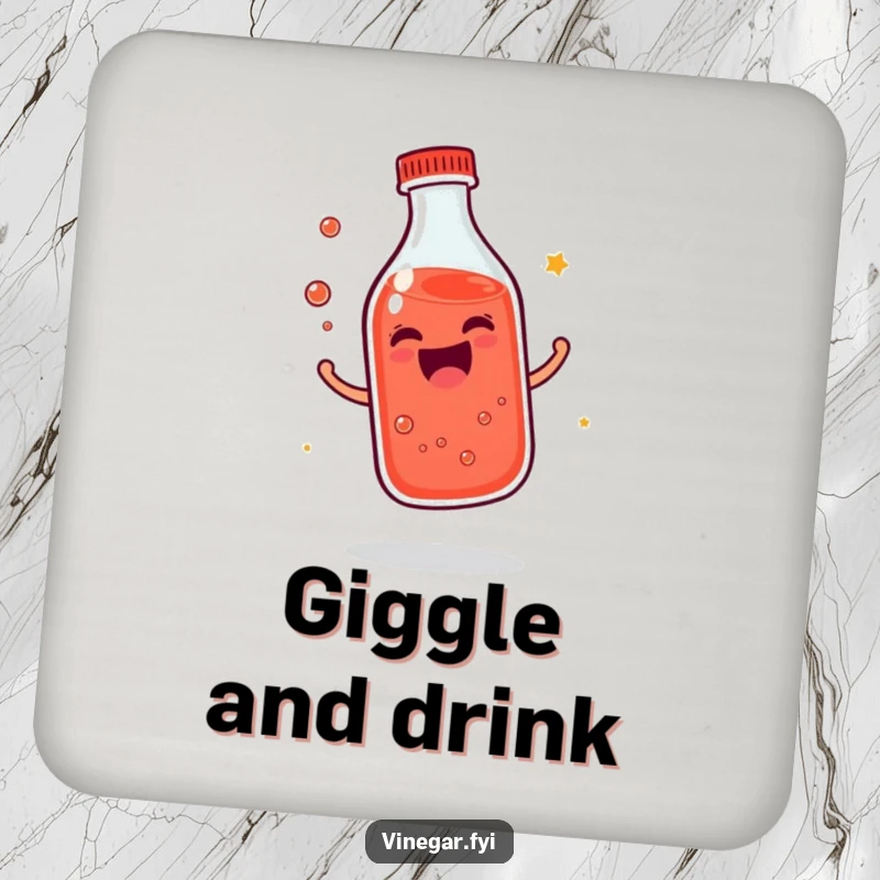 Funny giggling bottle of reddish liquid coaster bouncing with infectious joy, offering protection and fun, a great funny gift.
