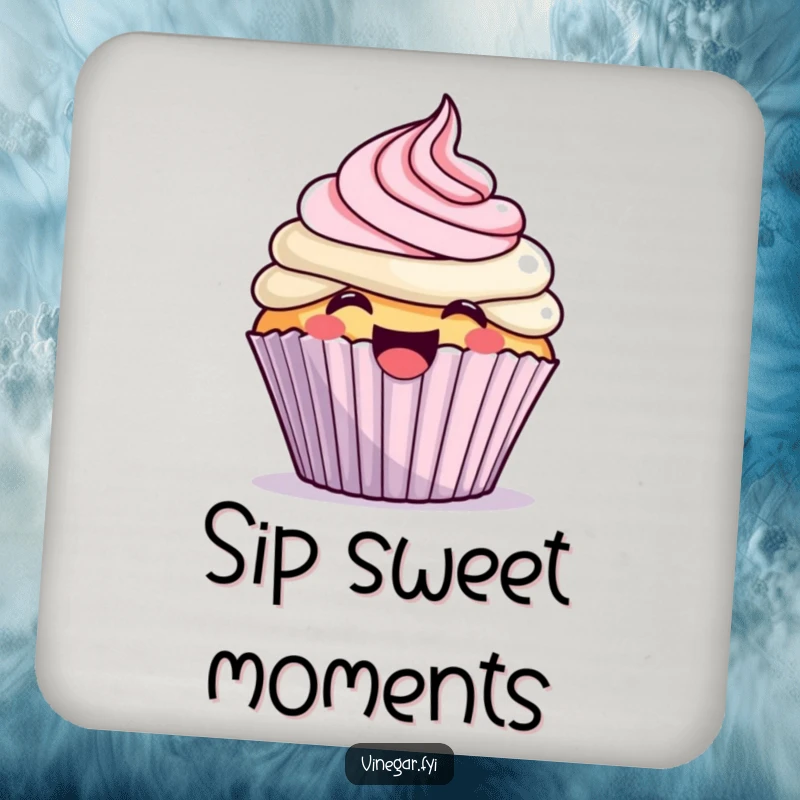 Funny kawaii cupcake excitedly frosting itself with a giggle, on protective drink coasters, great as a funny gift.