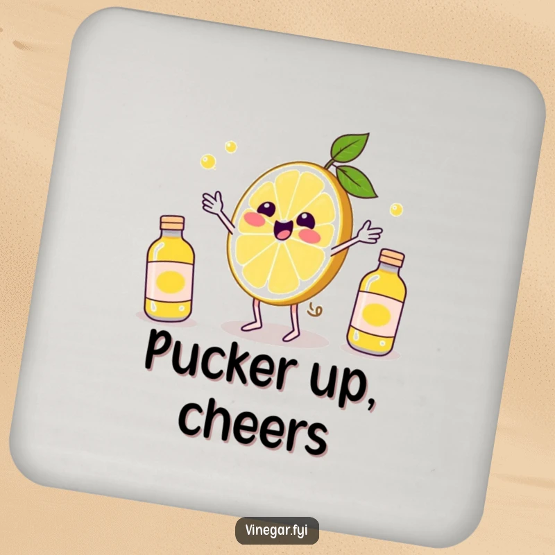 Funny Kawaii lemon slice, gleefully juggling vinegar bottles on this protective and funny drink coaster. Citrus-themed table protection.